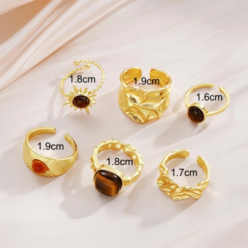Lot de 6 Bagues Femme – Œil de Tigre & Métal Liquide Doré