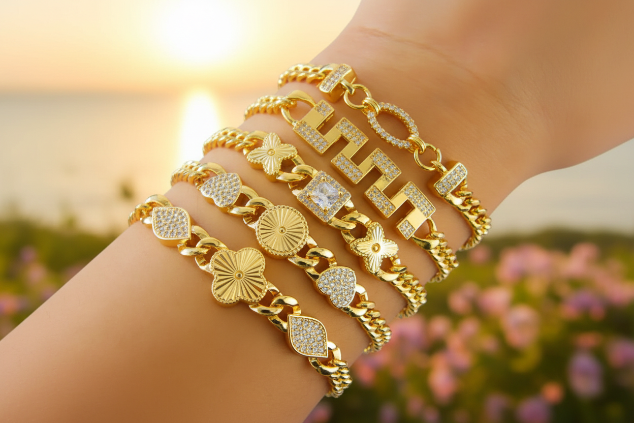 Bracelet Doré Plaqué Or | Style Dubai & Oriental | Zirconia & Chaîne Cubaine