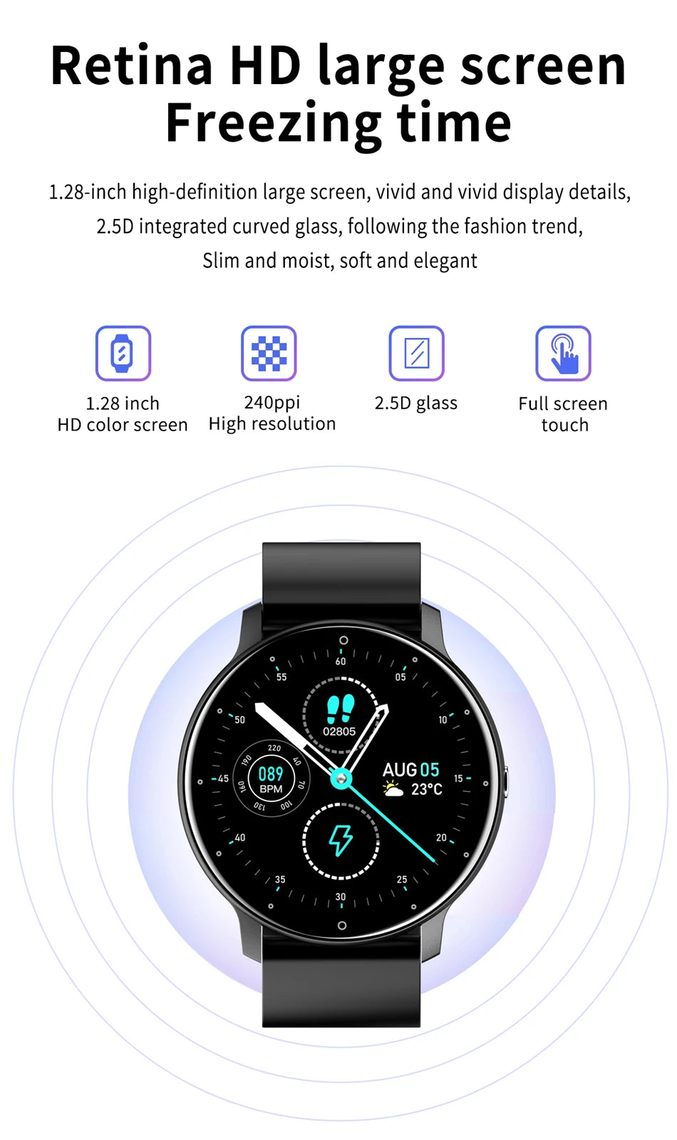 Montre Connectée LIGE 2024 — Écran Rond 1,28", Appel Bluetooth, Suivi Santé & Sport