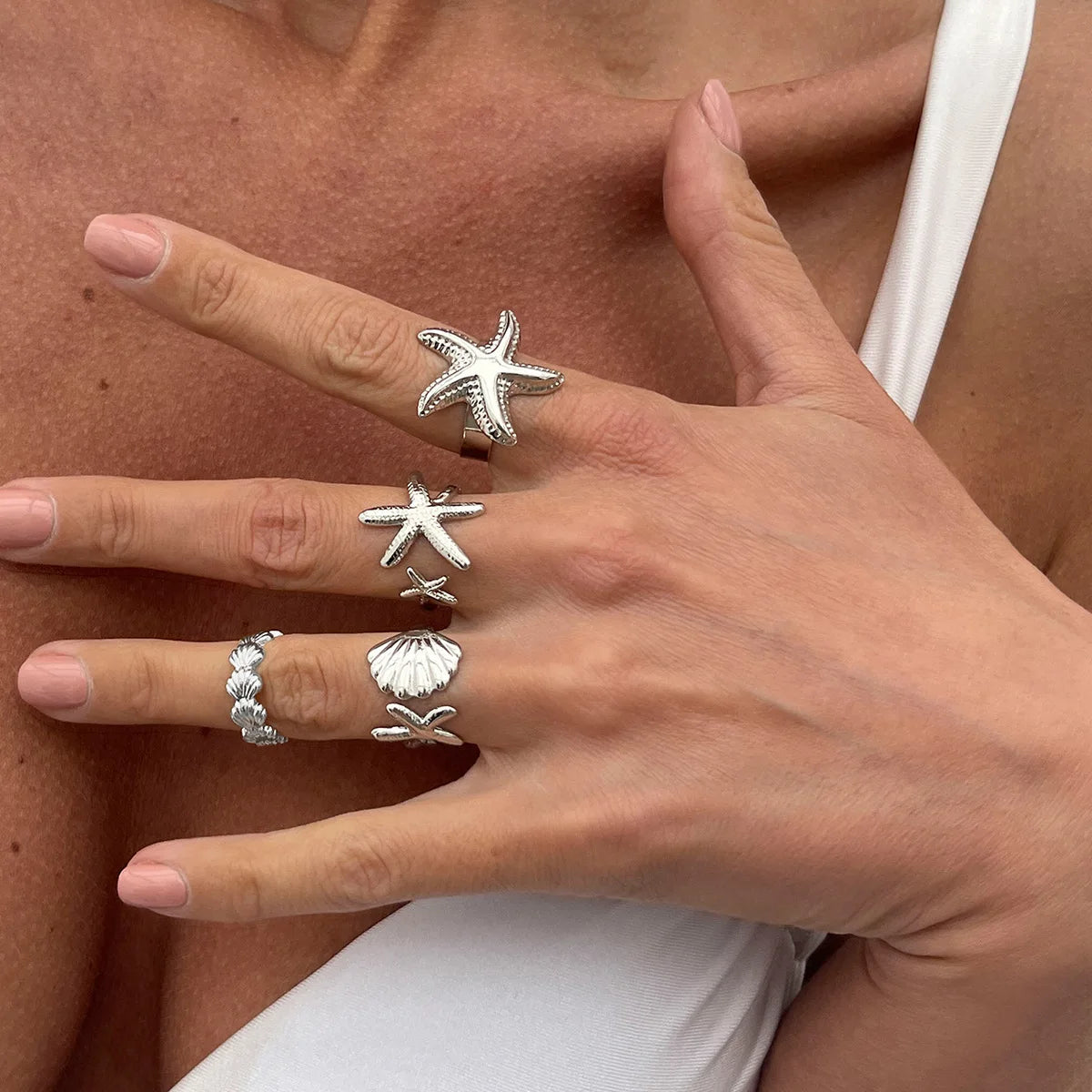 Lot de 4 Bagues Femme – Étoile de Mer & Coquillage Doré