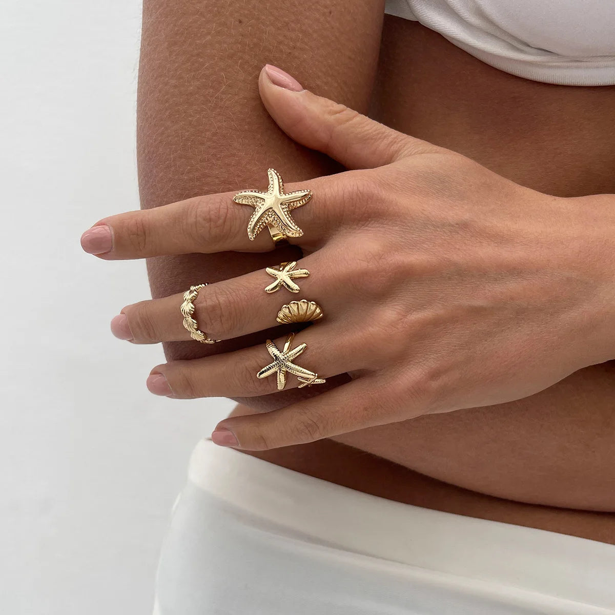 Lot de 4 Bagues Femme – Étoile de Mer & Coquillage Doré