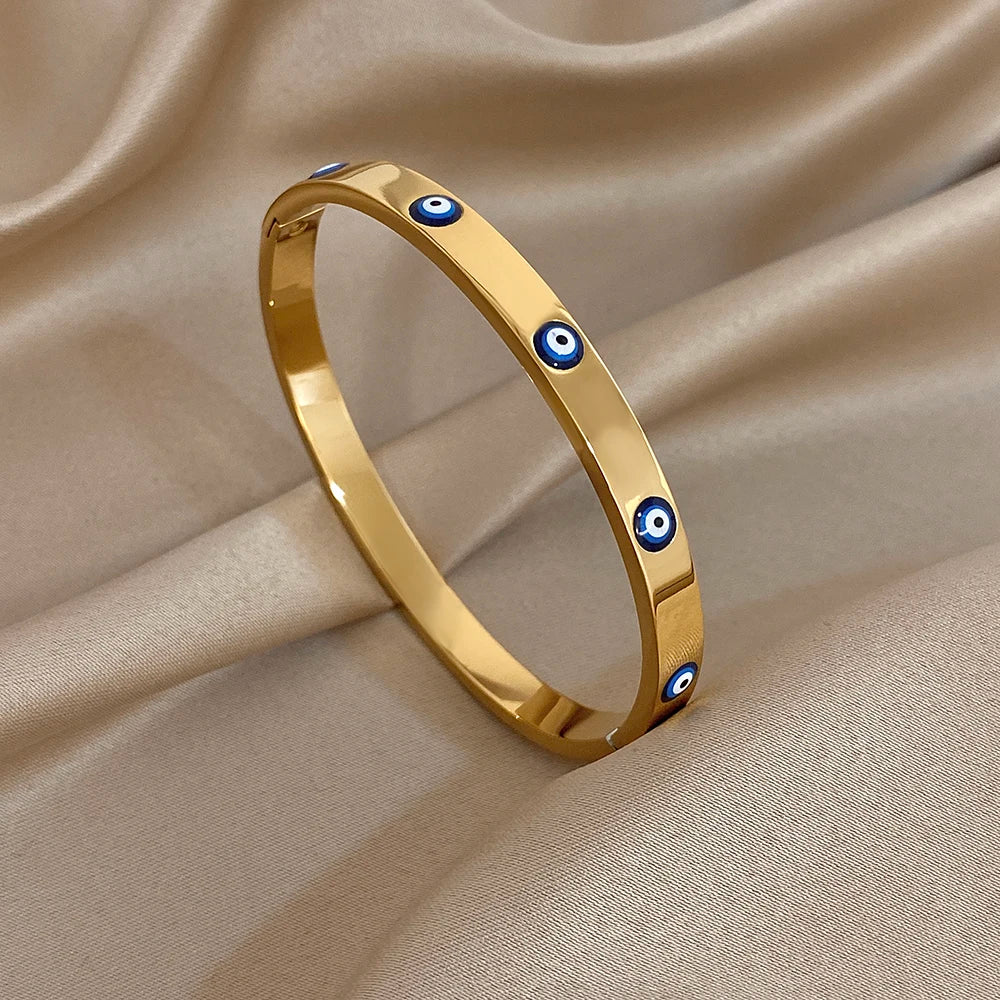 Bracelet Manchette Œil Turc – Acier Inoxydable & Strass, Plaqué Or