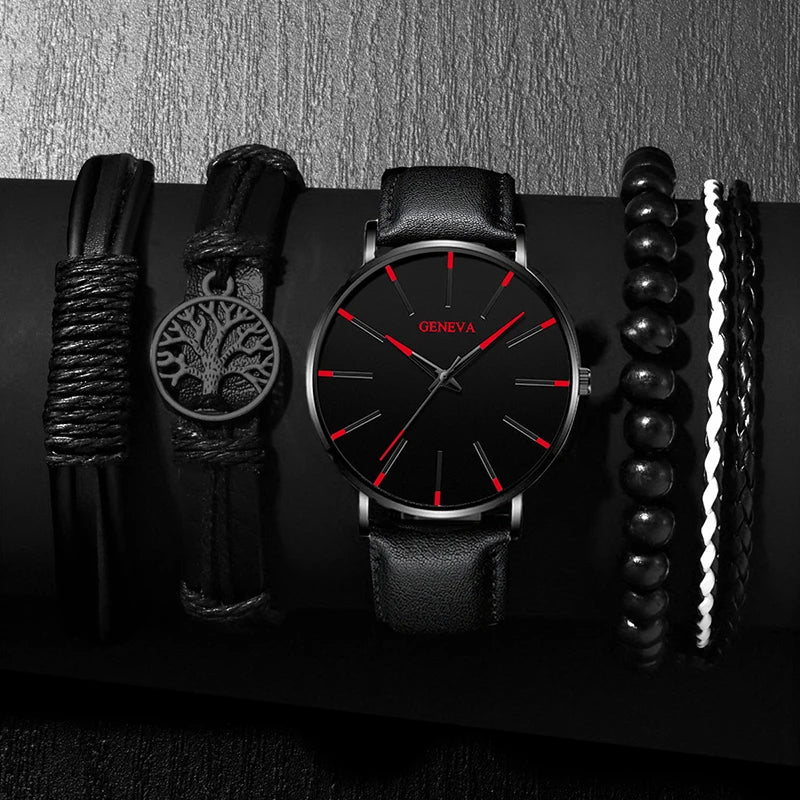 5-teiliges Set — Quarz-Armbanduhr & Armbänder für Herren | PU-Leder & Lebensbaum