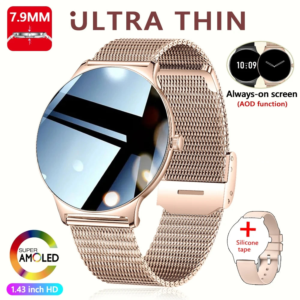 Montre Connectée Ultra Fine Femme – Écran AMOLED 1,43” & Appels Bluetooth