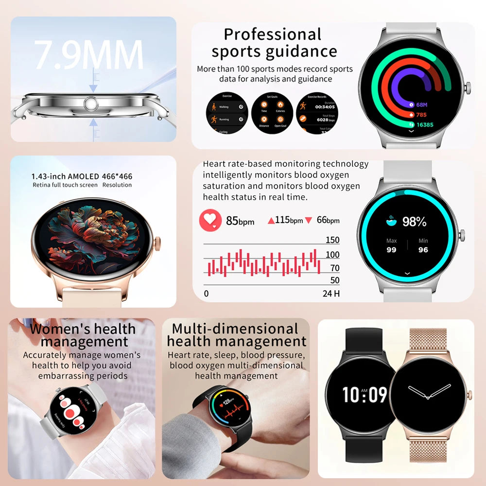 Montre Connectée Ultra Fine Femme – Écran AMOLED 1,43” & Appels Bluetooth