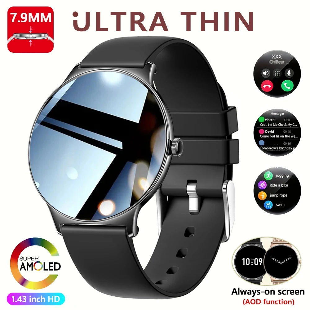 Montre Connectée Ultra Fine Femme – Écran AMOLED 1,43” & Appels Bluetooth