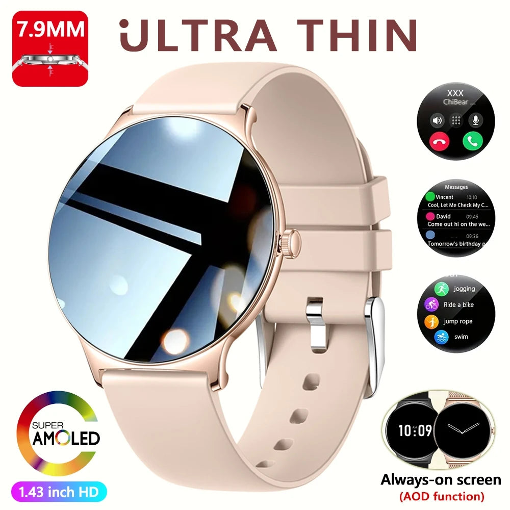 Montre Connectée Ultra Fine Femme – Écran AMOLED 1,43” & Appels Bluetooth