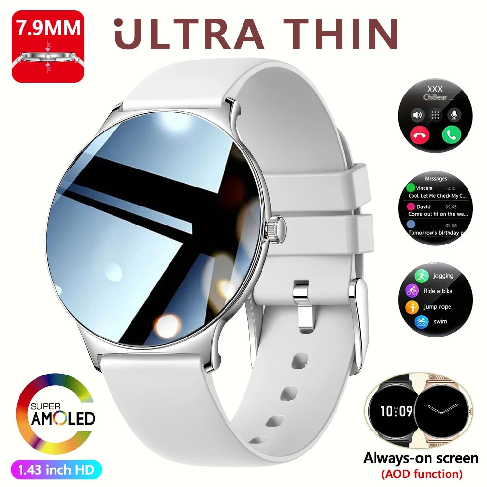 Montre Connectée Ultra Fine Femme – Écran AMOLED 1,43” & Appels Bluetooth
