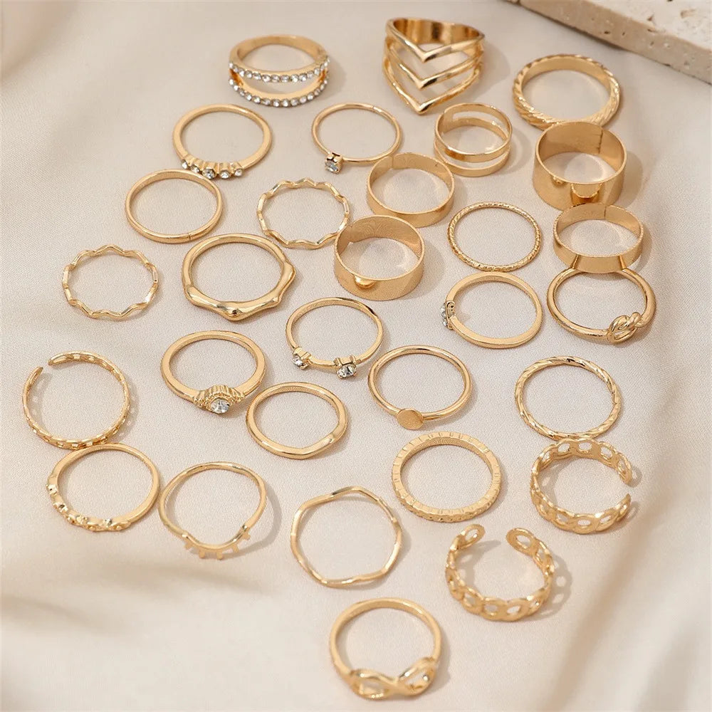 Set 30 Bagues Dorées — Zircon & Perles d'Imitation · Style Luxe Tendance