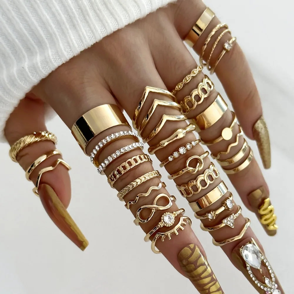 Set 30 Bagues Dorées — Zircon & Perles d'Imitation · Style Luxe Tendance