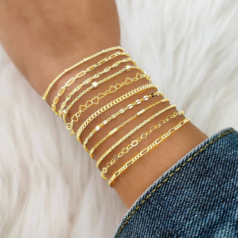 Set 11 Bracelets Chaîne — Plaqué Or 14K · Style Bohème · Stackable