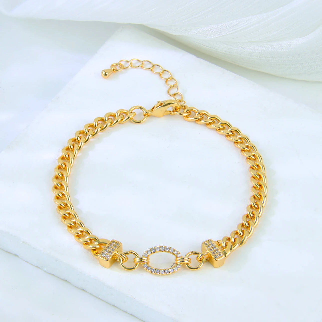 Bracelet Doré Plaqué Or | Style Dubai & Oriental | Zirconia & Chaîne Cubaine