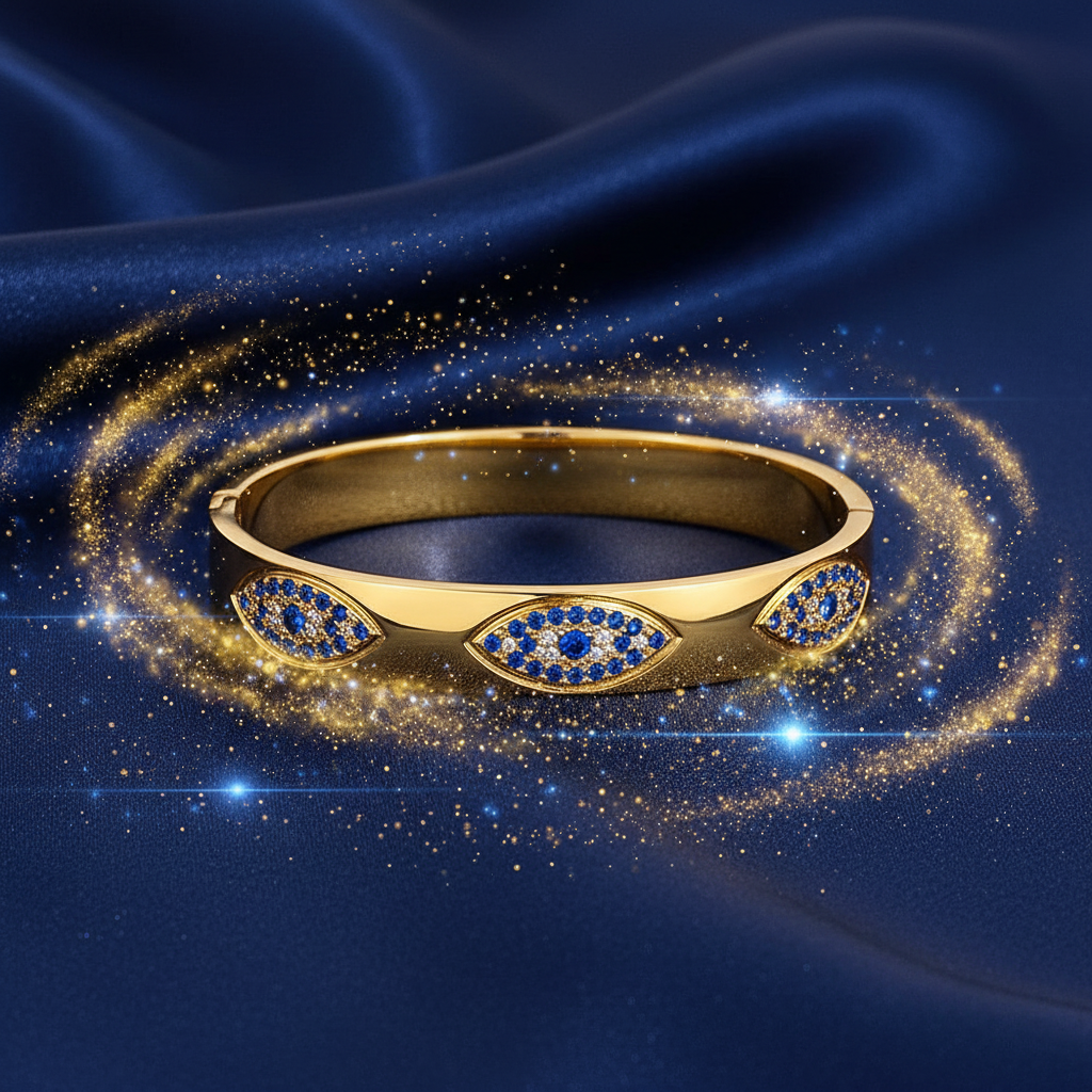 Bracelet Manchette Œil Turc – Acier Inoxydable & Strass, Plaqué Or