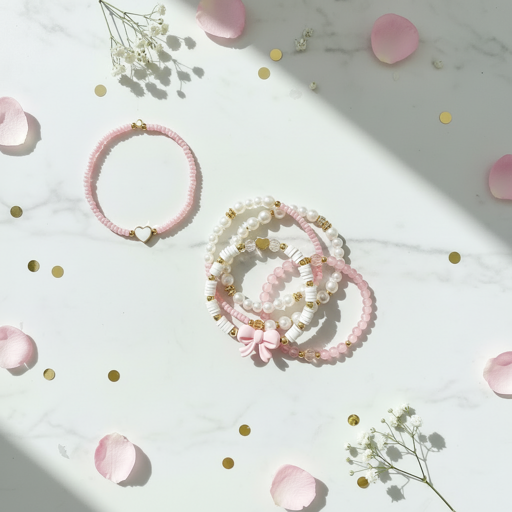 6'lı Boncuk, Kalp ve Fiyonk Bileklik Seti | Tatlı ve Romantik Stil