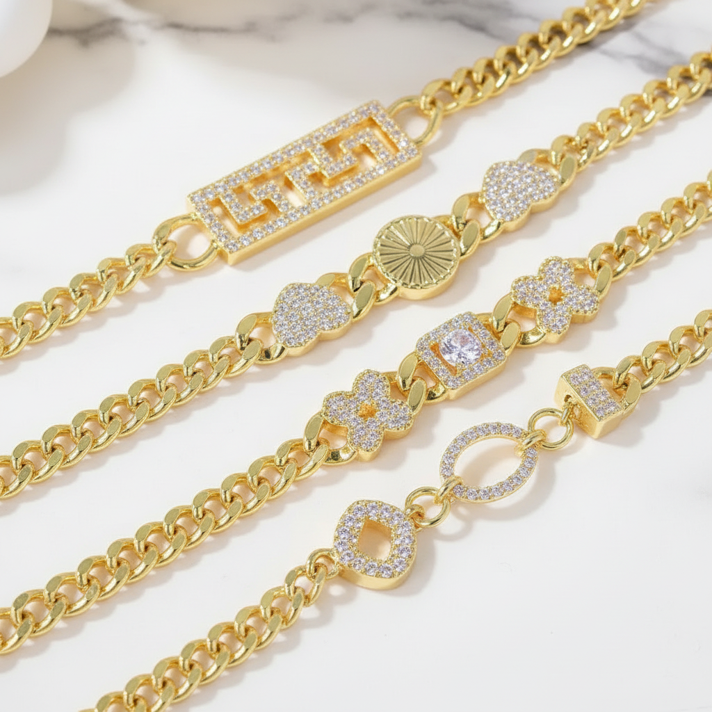 Bracelet Doré Plaqué Or | Style Dubai & Oriental | Zirconia & Chaîne Cubaine