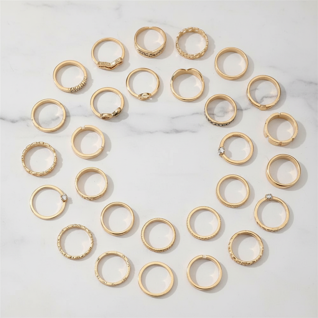 Set 30 Bagues Dorées — Zircon & Perles d'Imitation · Style Luxe Tendance
