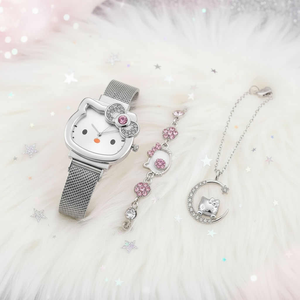 Coffret 3 pièces Montre Femme Hello Kitty – Bracelet & Collier Assortis