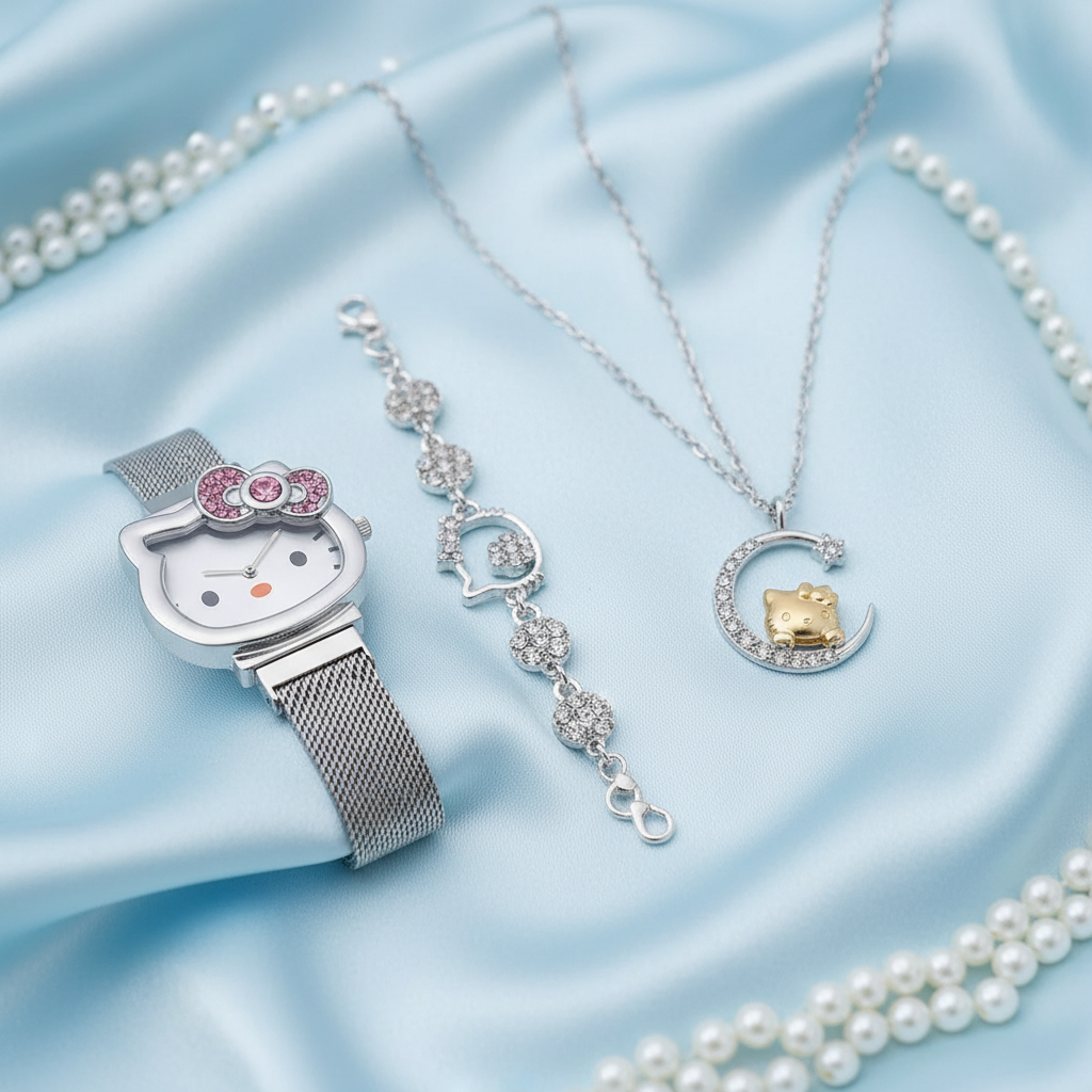 Coffret 3 pièces Montre Femme Hello Kitty – Bracelet & Collier Assortis
