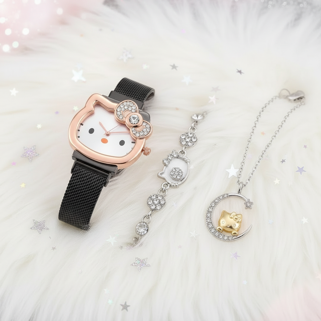 Coffret 3 pièces Montre Femme Hello Kitty – Bracelet & Collier Assortis