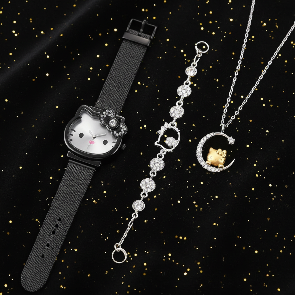 Coffret 3 pièces Montre Femme Hello Kitty – Bracelet & Collier Assortis
