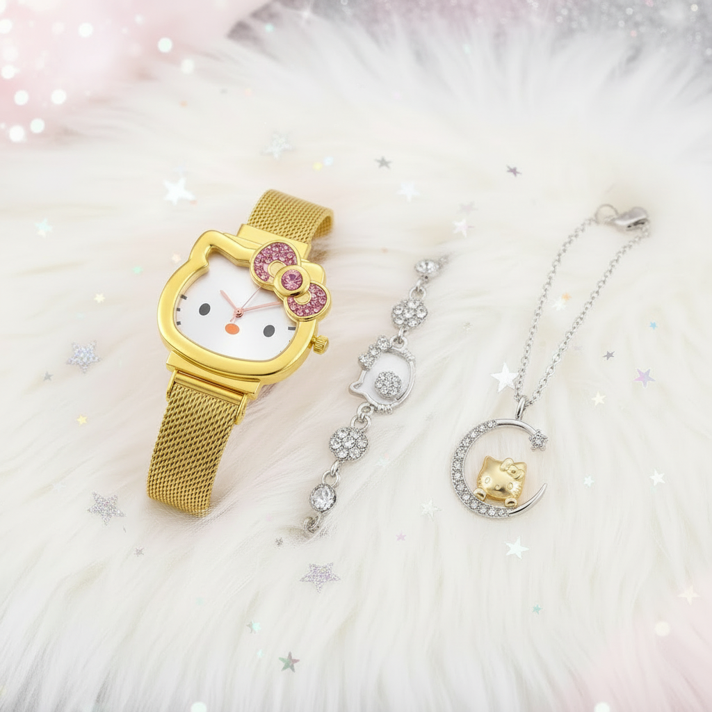 Coffret 3 pièces Montre Femme Hello Kitty – Bracelet & Collier Assortis