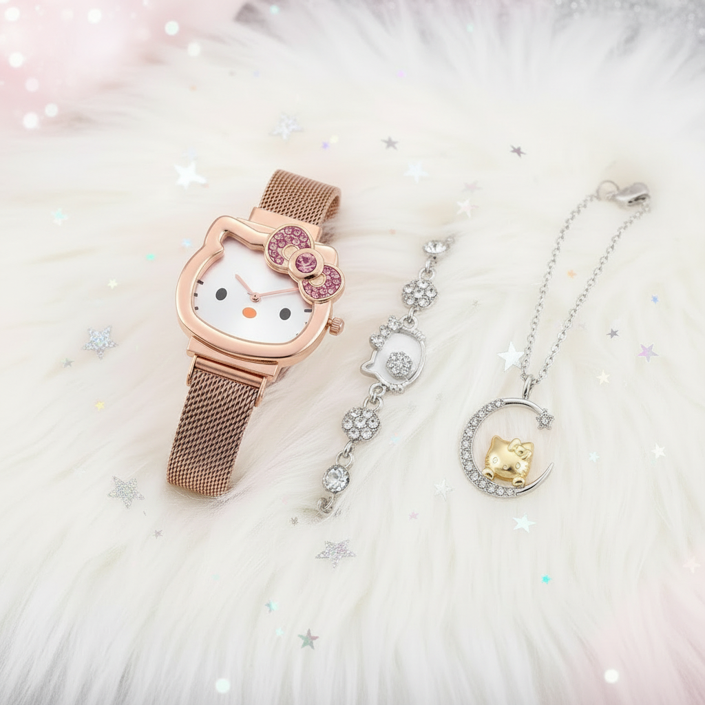 Coffret 3 pièces Montre Femme Hello Kitty – Bracelet & Collier Assortis