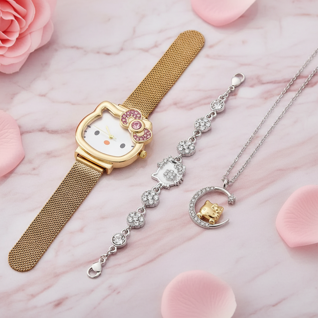 Coffret 3 pièces Montre Femme Hello Kitty – Bracelet & Collier Assortis