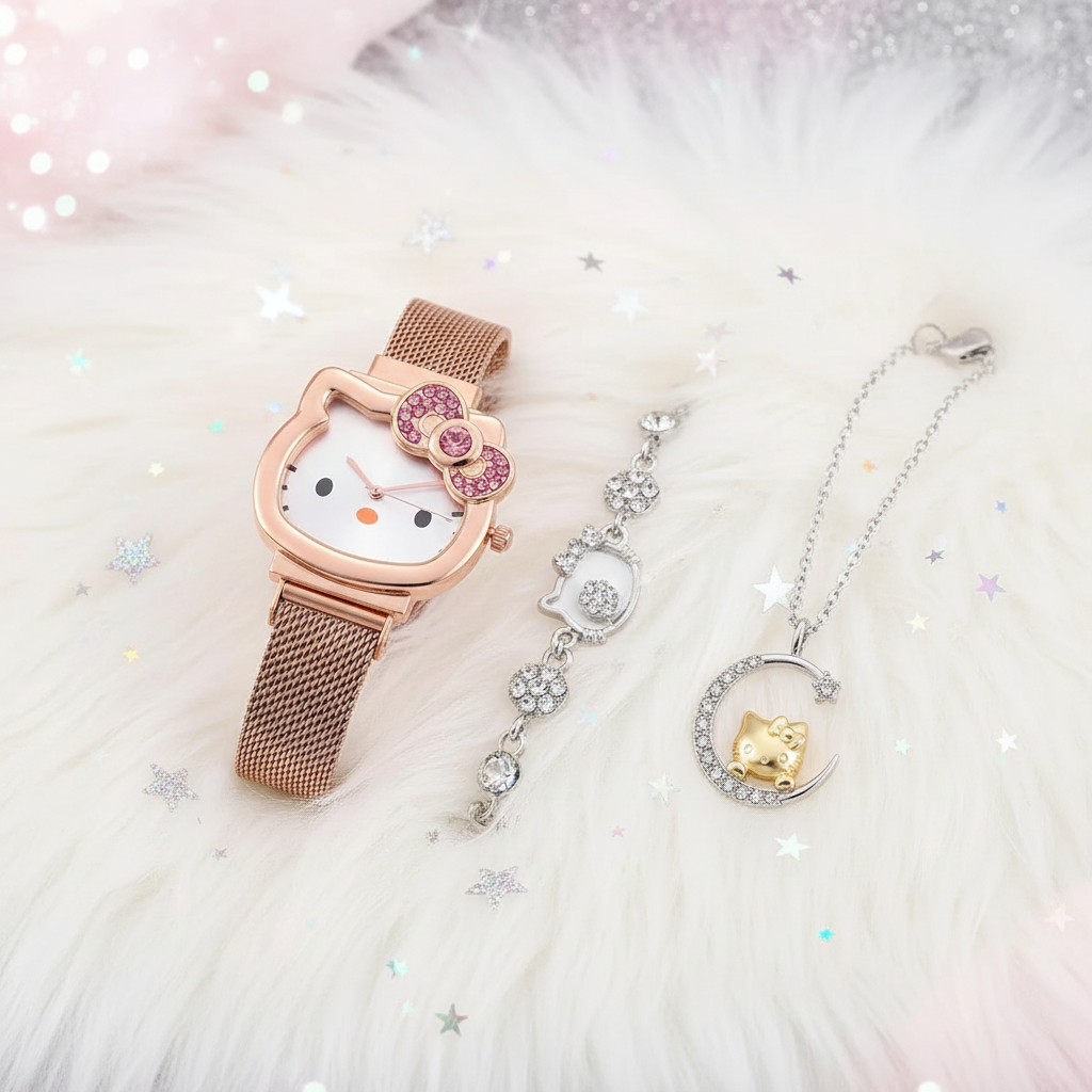 Coffret 3 pièces Montre Femme Hello Kitty – Bracelet & Collier Assortis