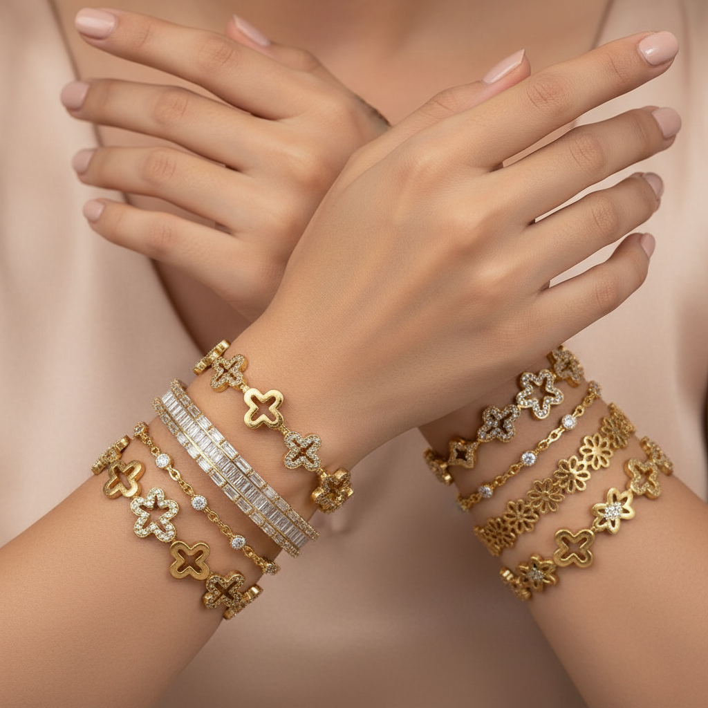 Bracelet Manchette Doré — Fleur, Strass & Marguerite | 3 Modèles