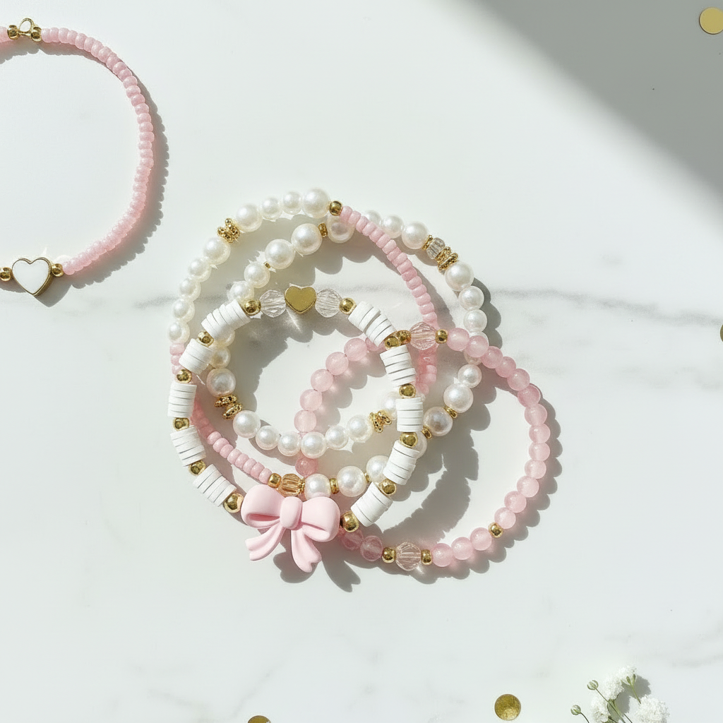 6'lı Boncuk, Kalp ve Fiyonk Bileklik Seti | Tatlı ve Romantik Stil