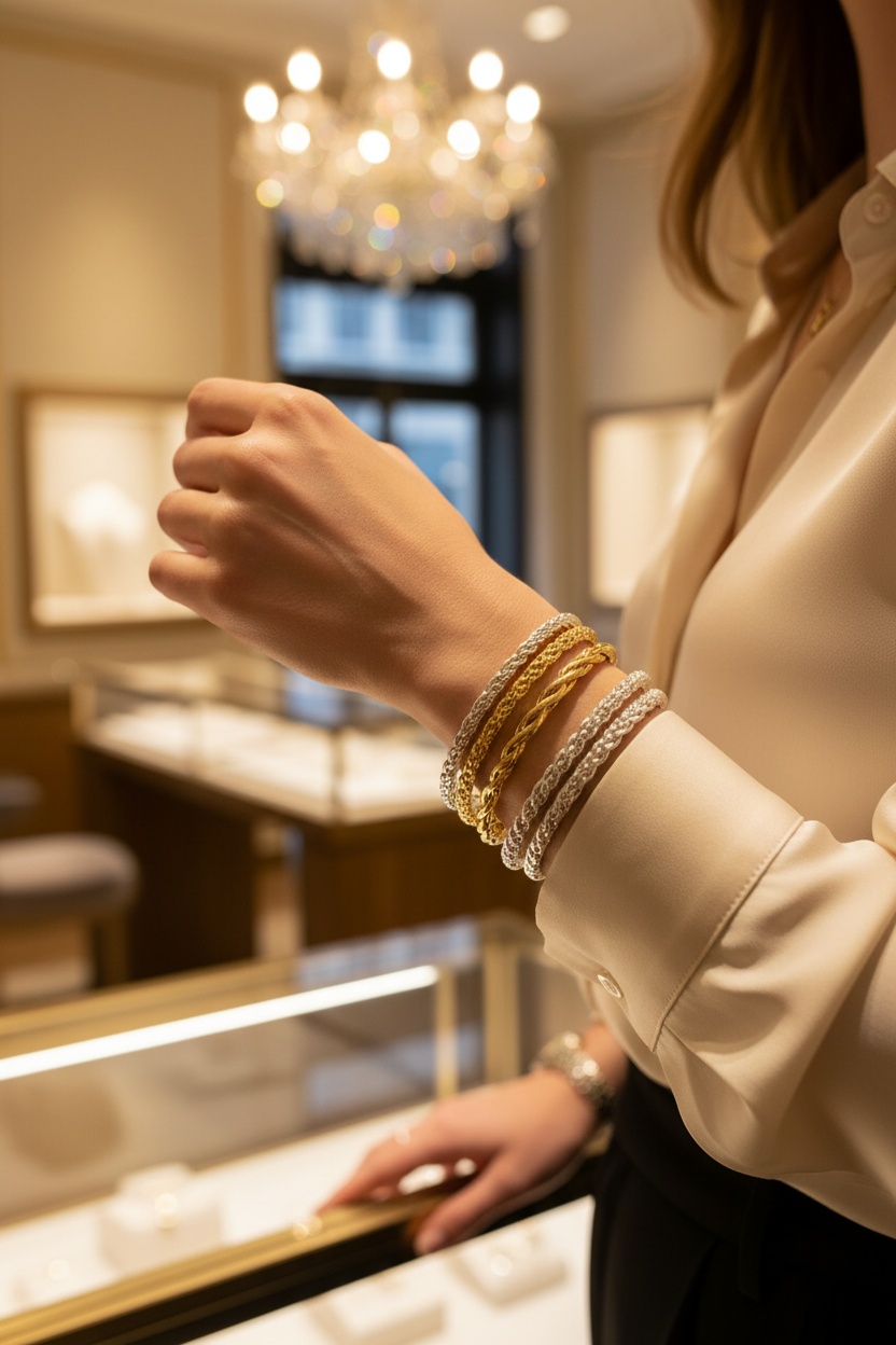 Femme en bijouterie zoom bracelets