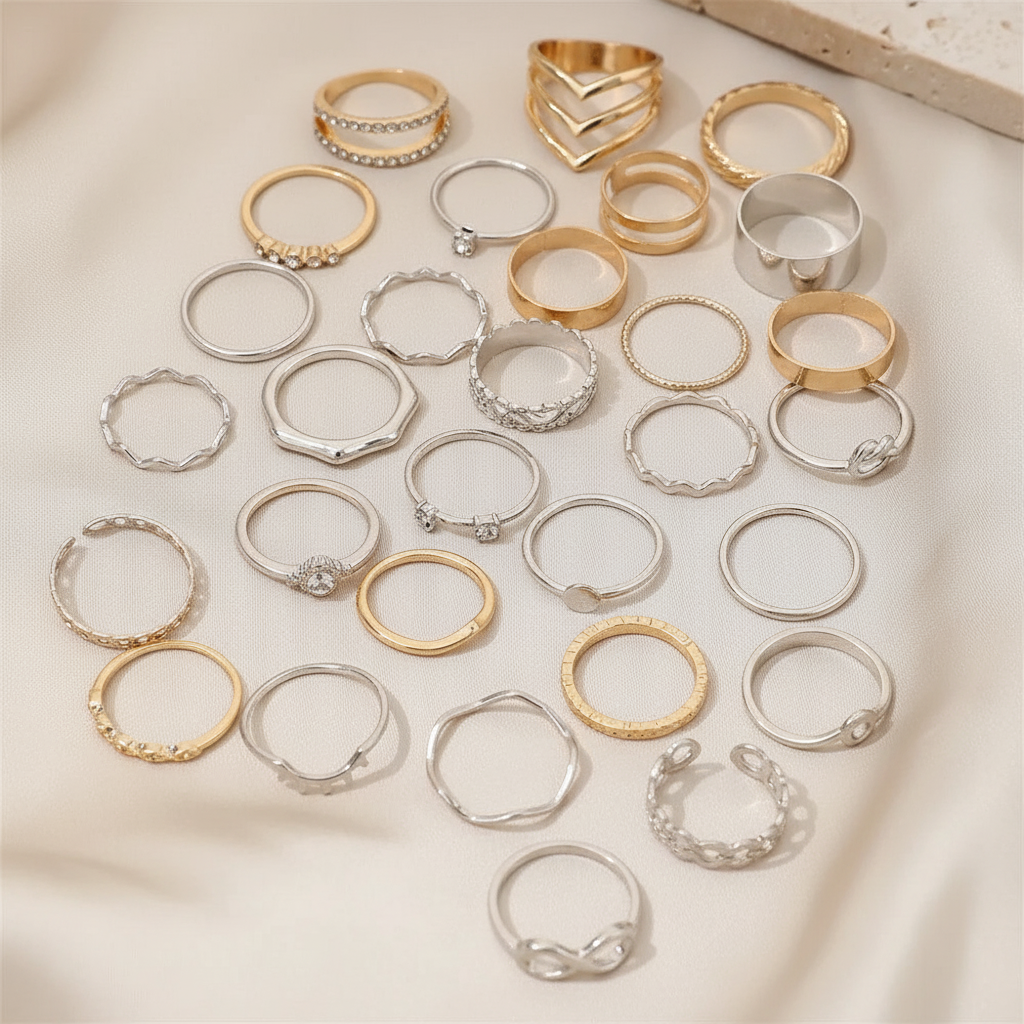 Set 30 Bagues Dorées — Zircon & Perles d'Imitation · Style Luxe Tendance