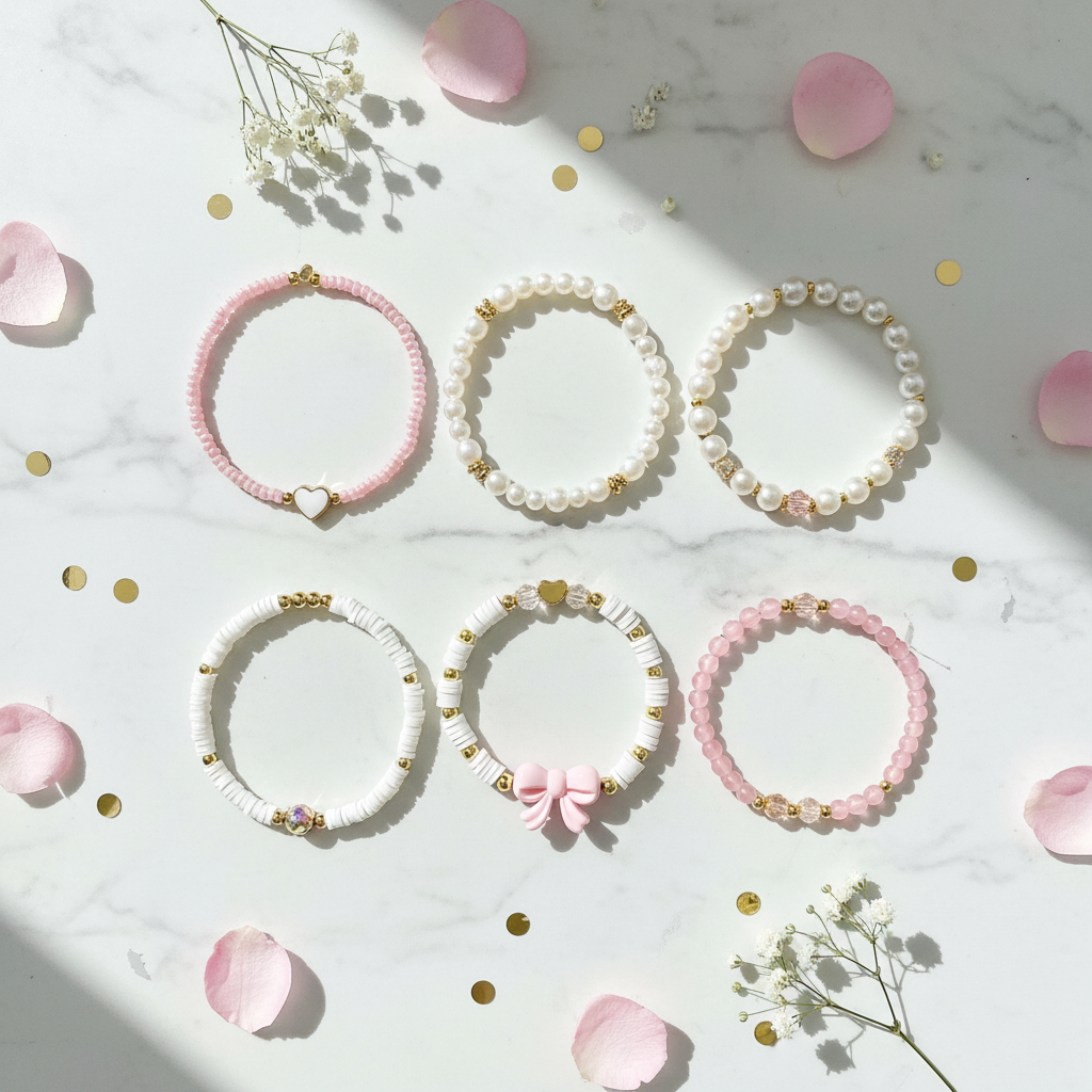 6'lı Boncuk, Kalp ve Fiyonk Bileklik Seti | Tatlı ve Romantik Stil