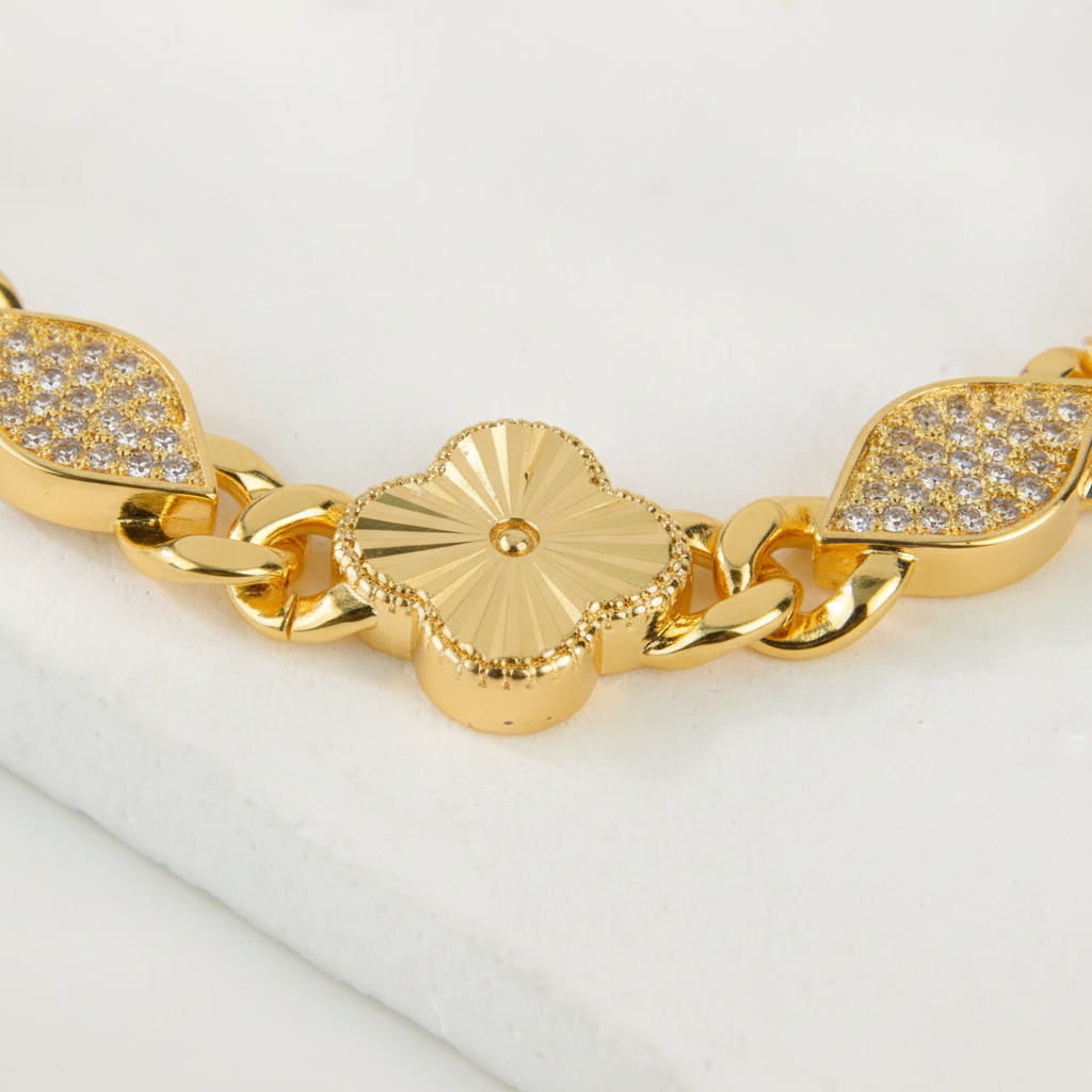Bracelet Doré Plaqué Or | Style Dubai & Oriental | Zirconia & Chaîne Cubaine