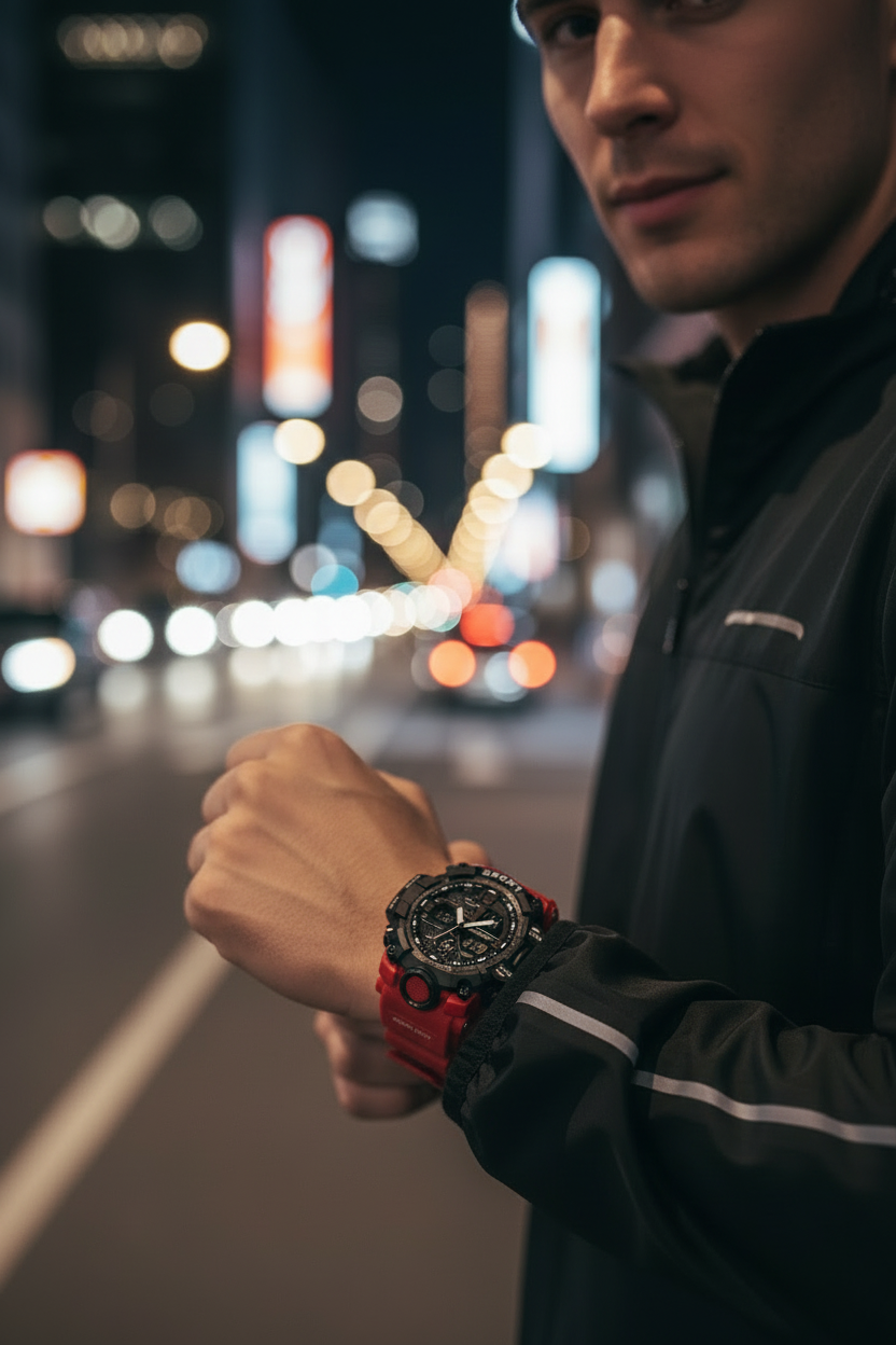 Homme montre rouge ville