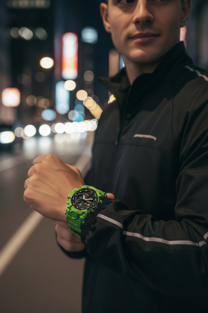 Homme montre verte ville