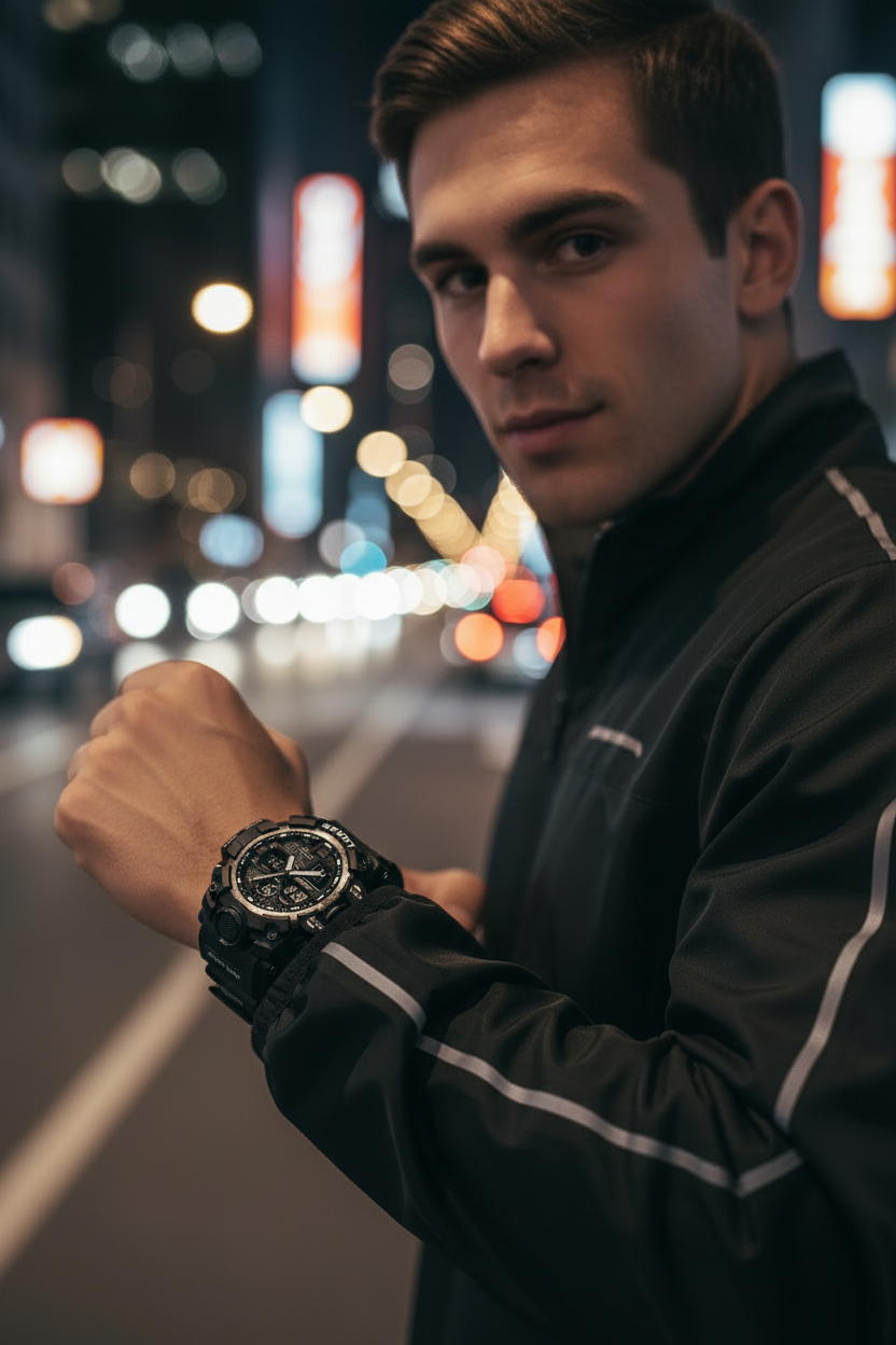 Homme visage montre noire ville