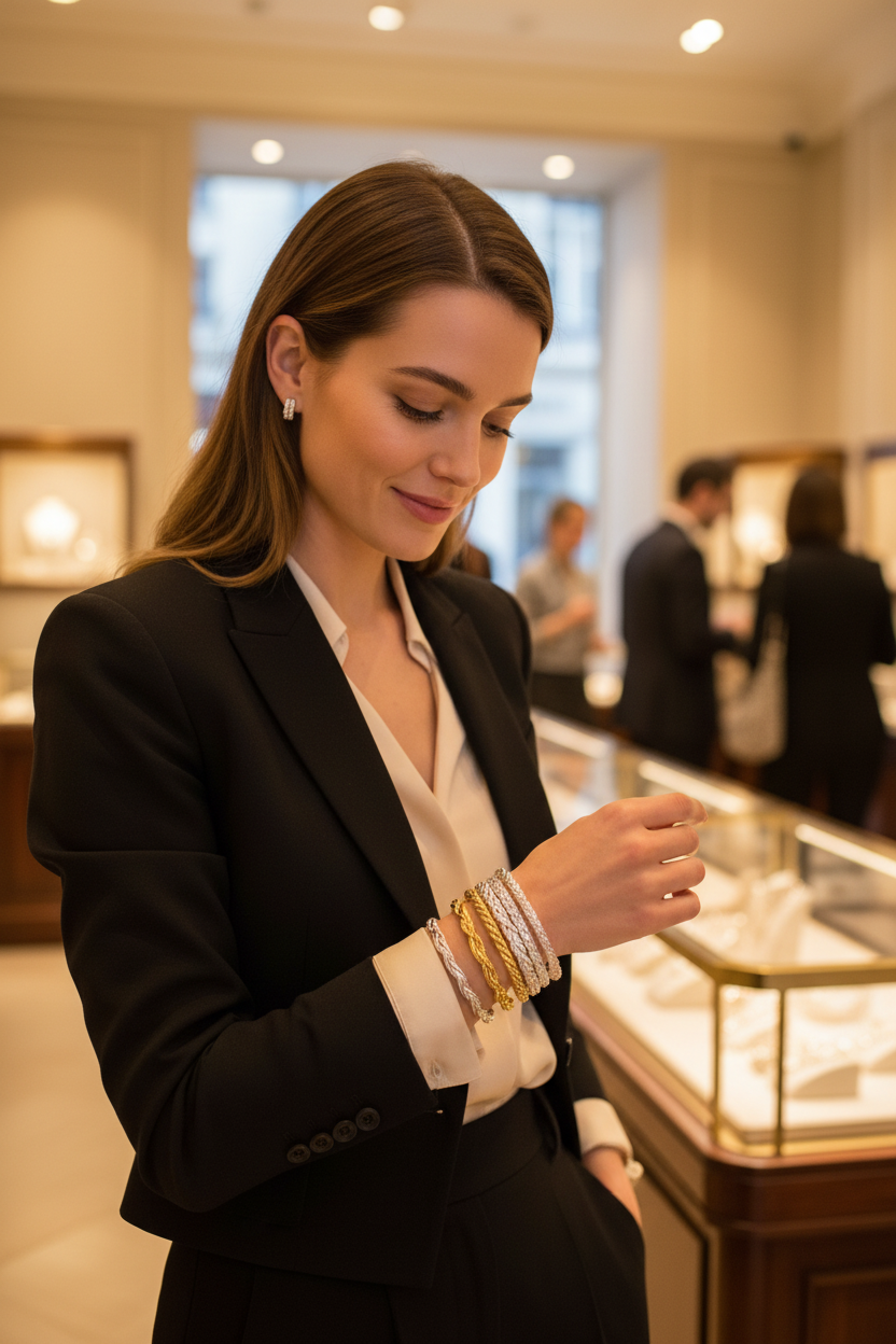 Femme élégante en bijouterie avec joncs or et argent au poignet