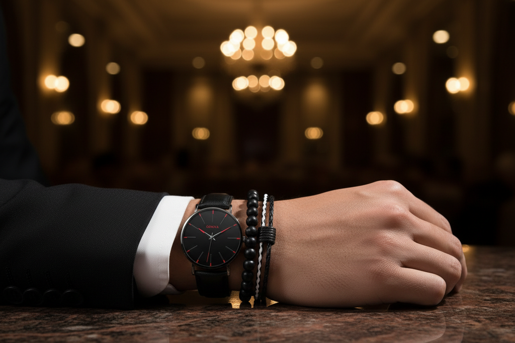 Set montre et bracelets porté en soirée élégante