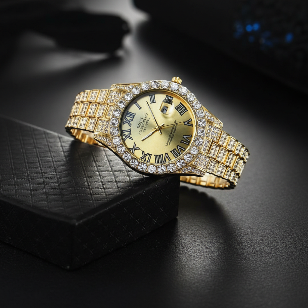 Montre Quartz Homme – Cadran Diamant, Chiffres Romains & Calendrier