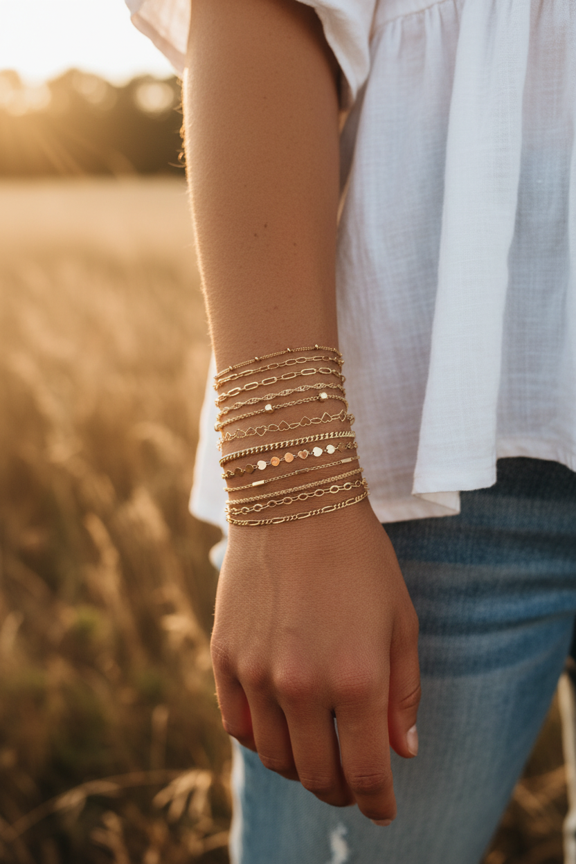 Set 11 Bracelets Chaîne — Plaqué Or 14K · Style Bohème · Stackable