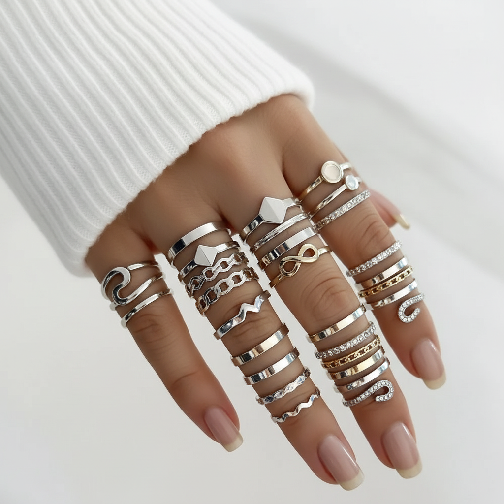 Set 30 Bagues Dorées — Zircon & Perles d'Imitation · Style Luxe Tendance