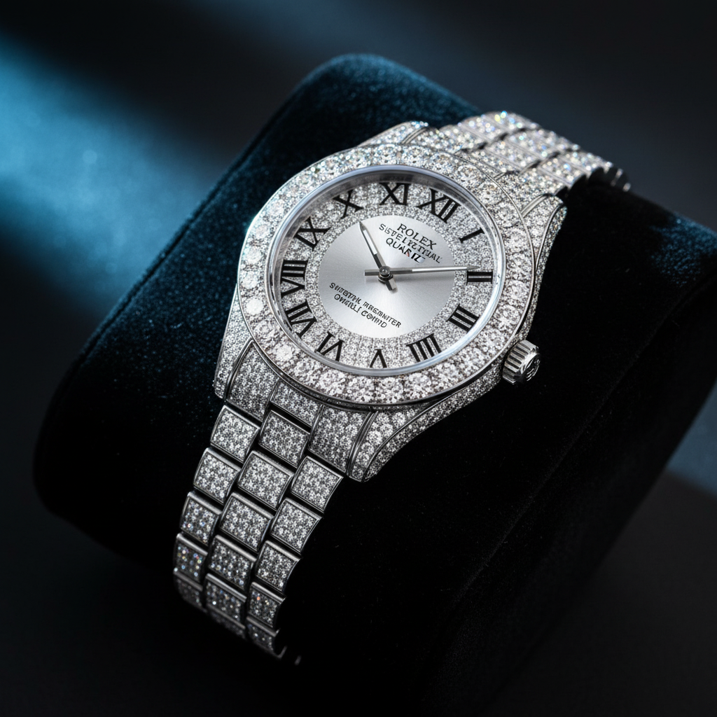 Montre Quartz Homme – Cadran Diamant, Chiffres Romains & Calendrier