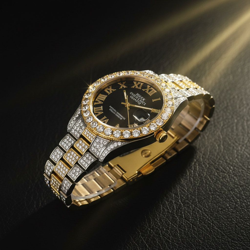 Montre Quartz Homme – Cadran Diamant, Chiffres Romains & Calendrier
