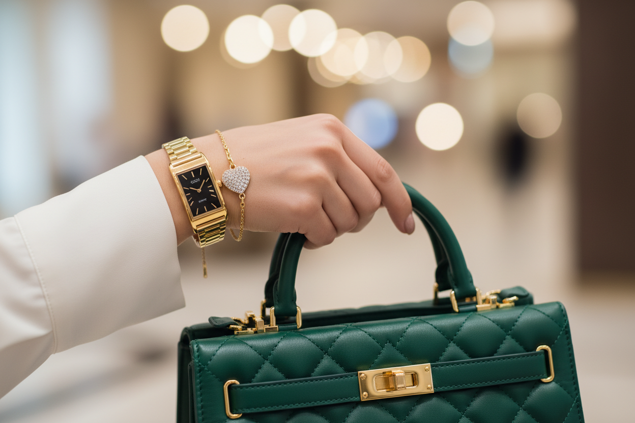 Montre or + bracelet cristal + sac