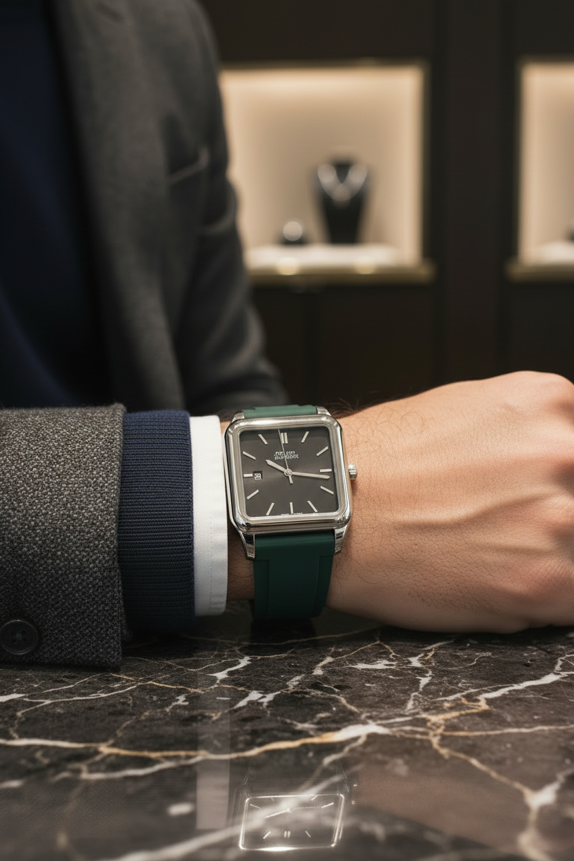 Montre verte zoomée portée