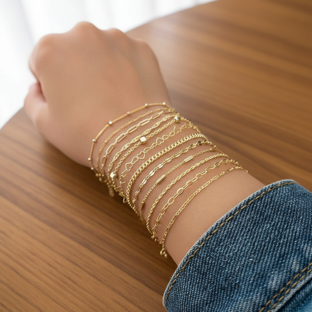 Set 11 Bracelets Chaîne — Plaqué Or 14K · Style Bohème · Stackable