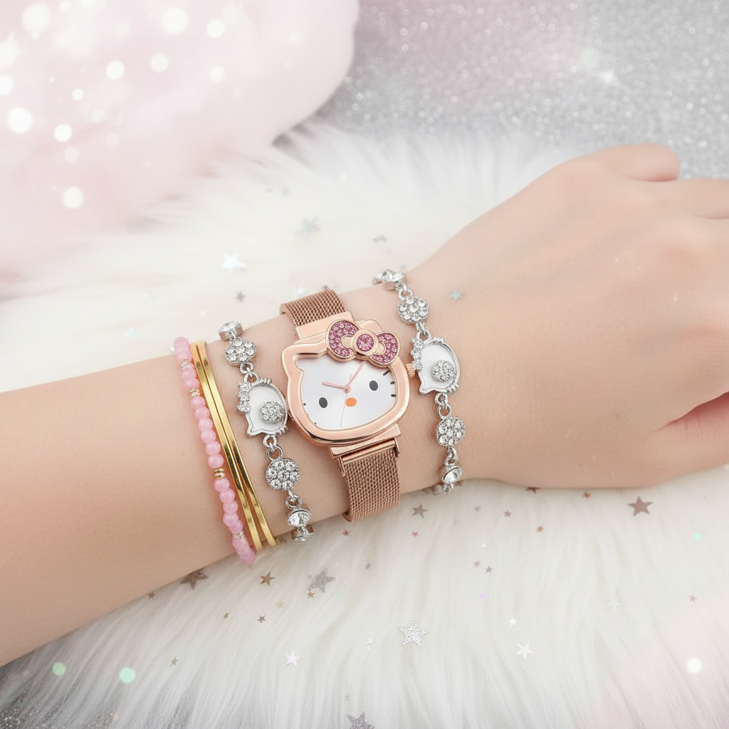 Coffret 3 pièces Montre Femme Hello Kitty – Bracelet & Collier Assortis