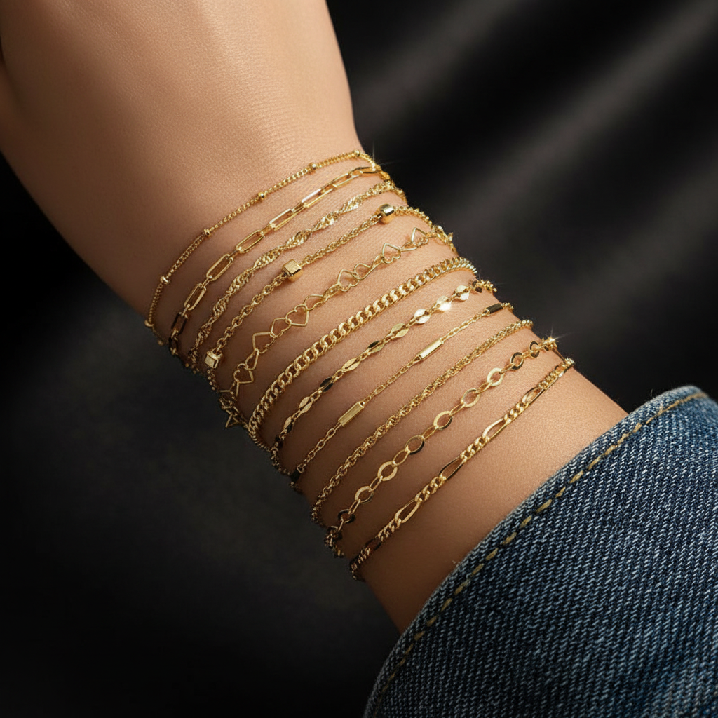 Set 11 Bracelets Chaîne — Plaqué Or 14K · Style Bohème · Stackable