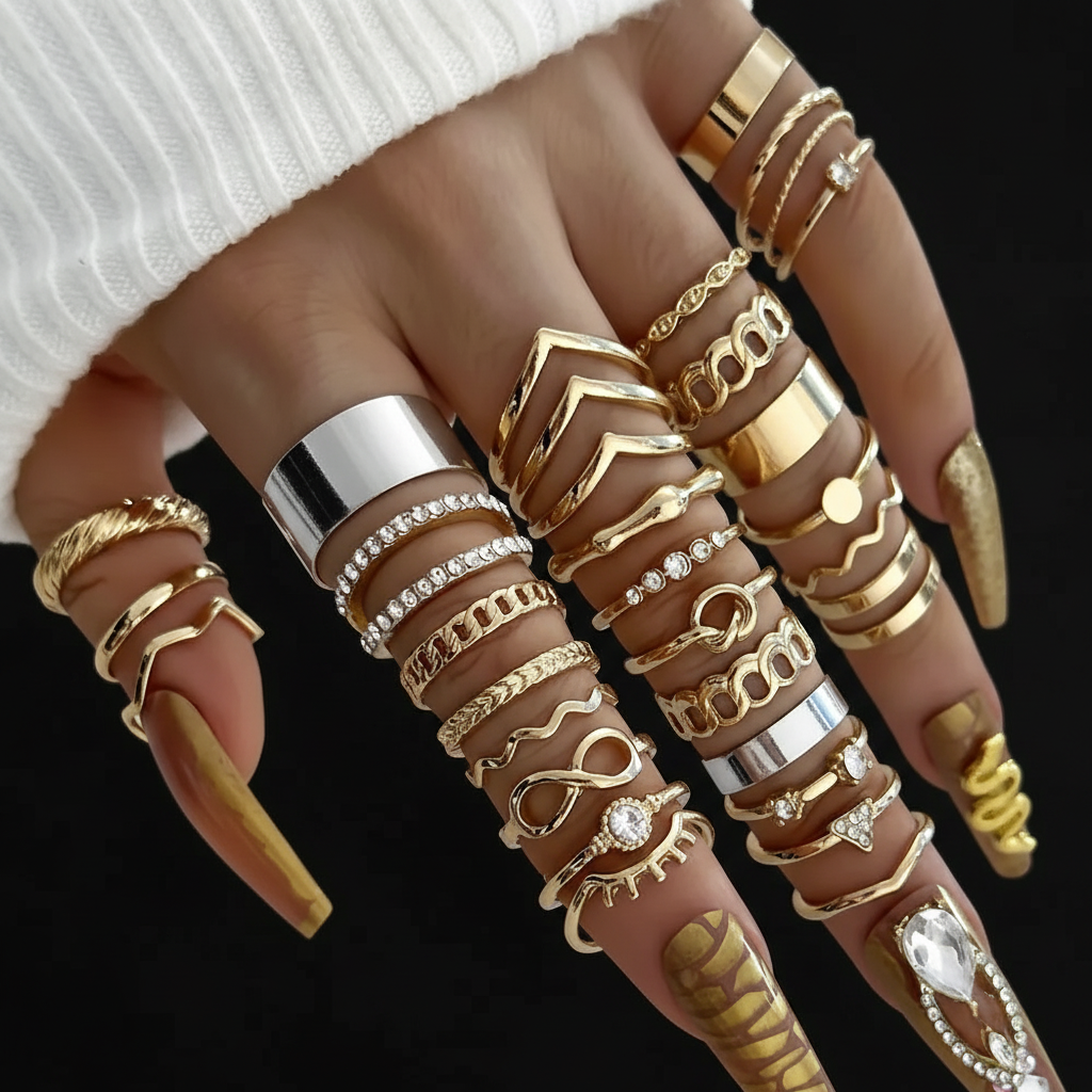 Set 30 Bagues Dorées — Zircon & Perles d'Imitation · Style Luxe Tendance